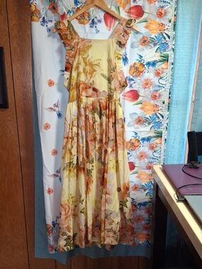 Anthropologie Maeve Yellow Floral Ruffle-Shoulder Maxi Dress Size Small